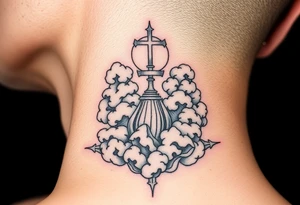 spiritual meaning objects with clouds in the background including hits of red tattoo idea