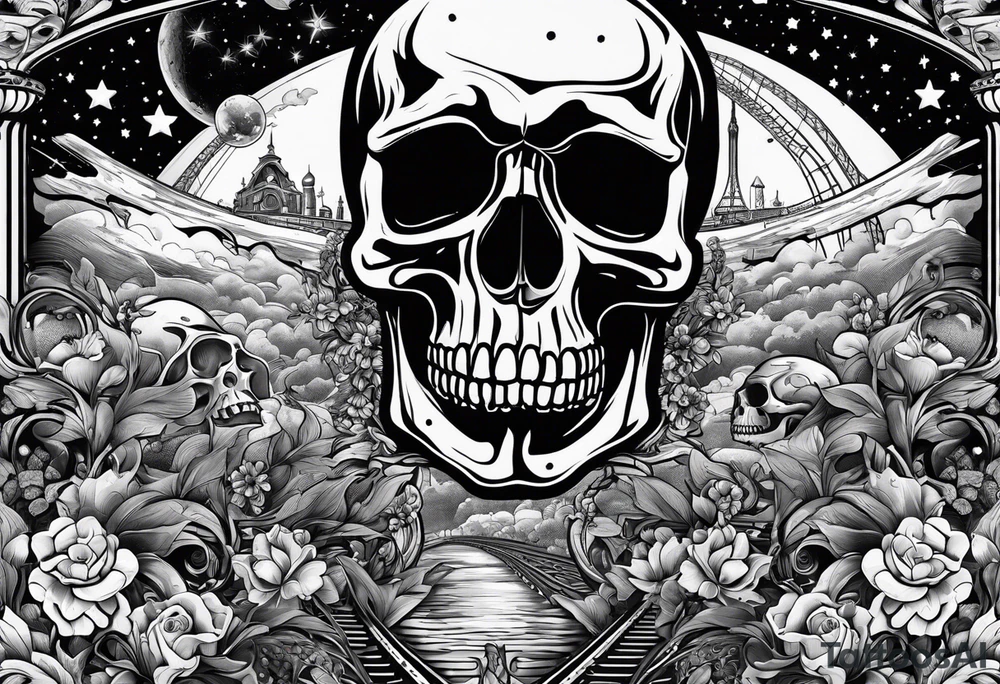 round bottom flask, roller coaster track, skulls, flowers, space with stars tattoo idea