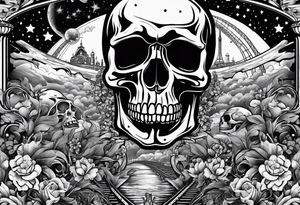 round bottom flask, roller coaster track, skulls, flowers, space with stars tattoo idea