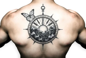 compass with butterflies and the sun shining through clouds, with waves crashing in the background
half sleeve tattoo idea