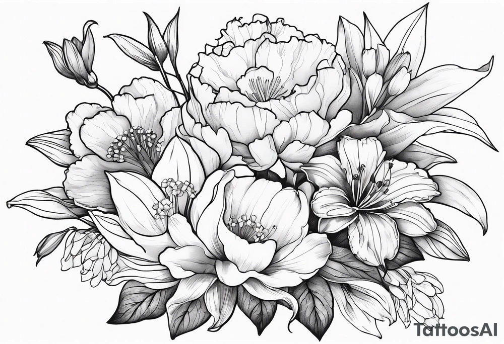 Bouquet 
with 1 snowdrop flower 2 carnations 1 rose 1 lily of the valley 1 daffodil 1 peony tattoo idea