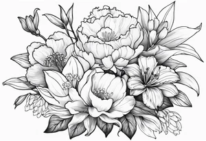 Bouquet 
with 1 snowdrop flower 2 carnations 1 rose 1 lily of the valley 1 daffodil 1 peony tattoo idea