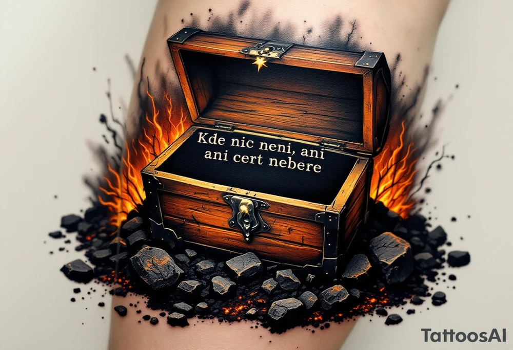 "Kde nic neni, ani cert nebere." — An empty treasure chest surrounded by scorched earth in black and rust tones, the quote carved into its lid. tattoo idea