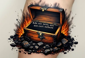 "Kde nic neni, ani cert nebere." — An empty treasure chest surrounded by scorched earth in black and rust tones, the quote carved into its lid. tattoo idea