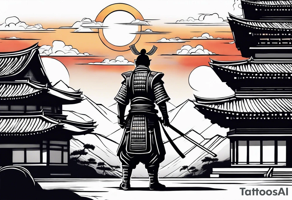 Samurai standing next to a temple with a sunset behind him tattoo idea Samurai standing next to a temple with a sunset behind him tattoo idea