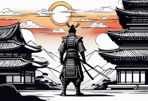 Samurai standing next to a temple with a sunset behind him tattoo idea