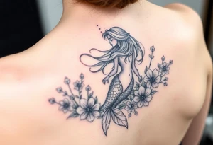 ethereal mermaid with flowing hair among coral and sea flowers tattoo idea
