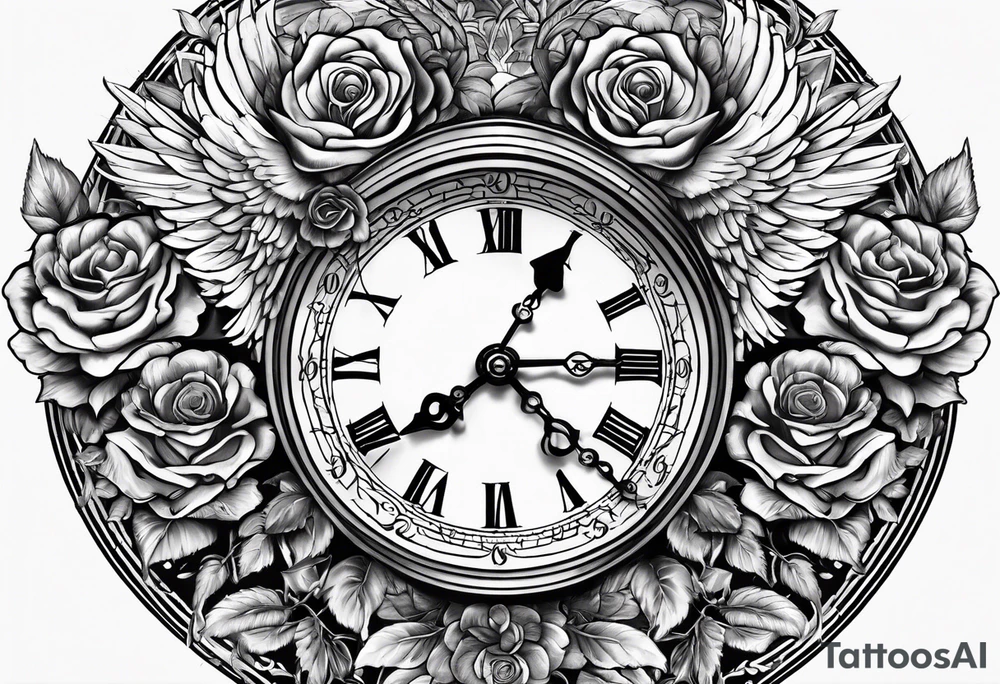 A clock with angels Greek gods a rose tattoo idea