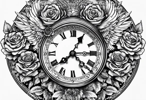A clock with angels Greek gods a rose tattoo idea