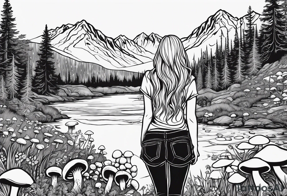 Straight long blonde hair hippie girl in distance holding mushrooms in hand facing away toward mountains and creek surrounded by mushrooms tee shirt and hiking pants

Entire tattoo encircled tattoo idea