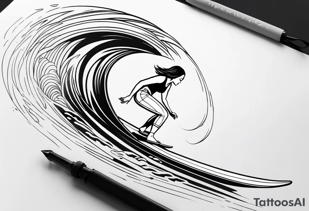 A girl that surfs on a longboard in a very elegant style and it should be very minimalistic and fineline tattoo idea