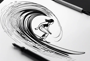 A girl that surfs on a longboard in a very elegant style and it should be very minimalistic and fineline tattoo idea