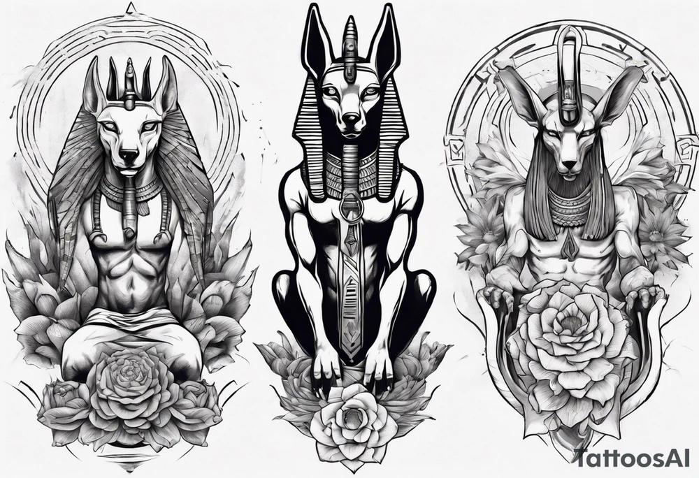 Egyptian god, Anubis surround by snakes with lotus flowers tattoo idea