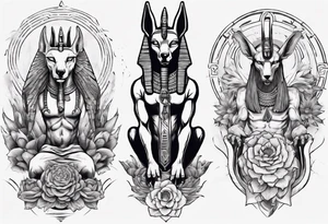 Egyptian god, Anubis surround by snakes with lotus flowers tattoo idea