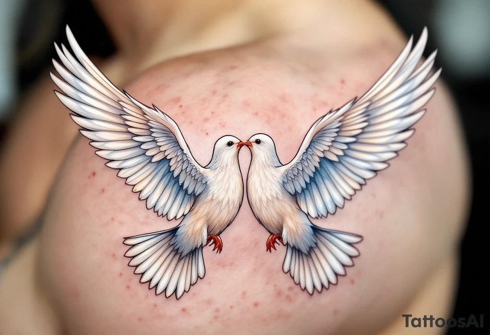 A pair of 3D doves with outstretched wings, their feathers detailed in soft whites and subtle blues, symbolizing peace and unity. tattoo idea