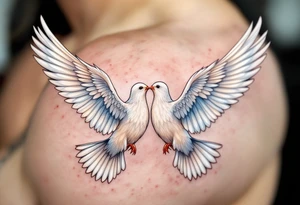 A pair of 3D doves with outstretched wings, their feathers detailed in soft whites and subtle blues, symbolizing peace and unity. tattoo idea