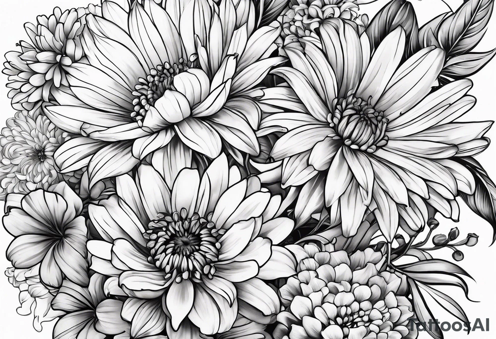 Asters, roses, lily of the valley, and chrysanthemums sleeve tattoo idea