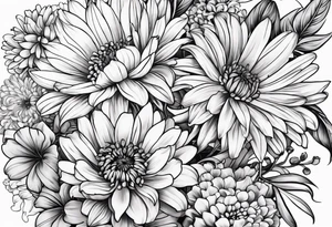Asters, roses, lily of the valley, and chrysanthemums sleeve tattoo idea