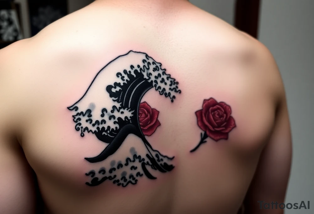 Shoulder tattoo of the Great Wave of Kanagawa in black and white with a beautiful red rose in the space where the wave curves tattoo idea