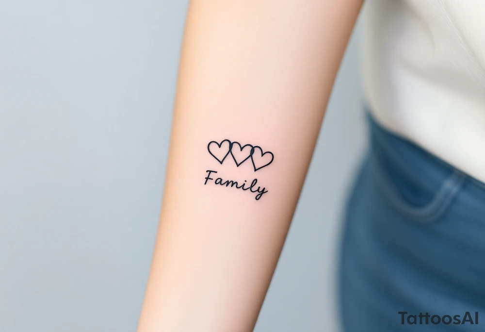 A minimalist infinity symbol with three hearts flowing above including word "family" tattoo idea