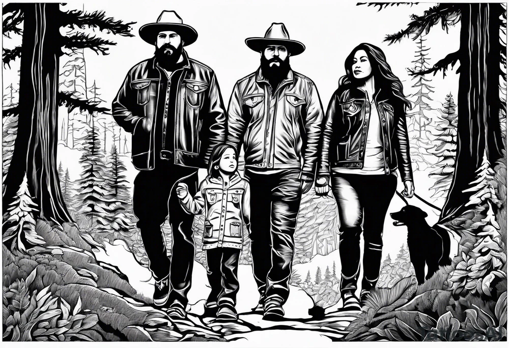 A family of four walking through the Pacific Northwest Forrest. Mexican art. Trust in God tattoo idea