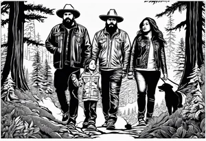 A family of four walking through the Pacific Northwest Forrest. Mexican art. Trust in God tattoo idea