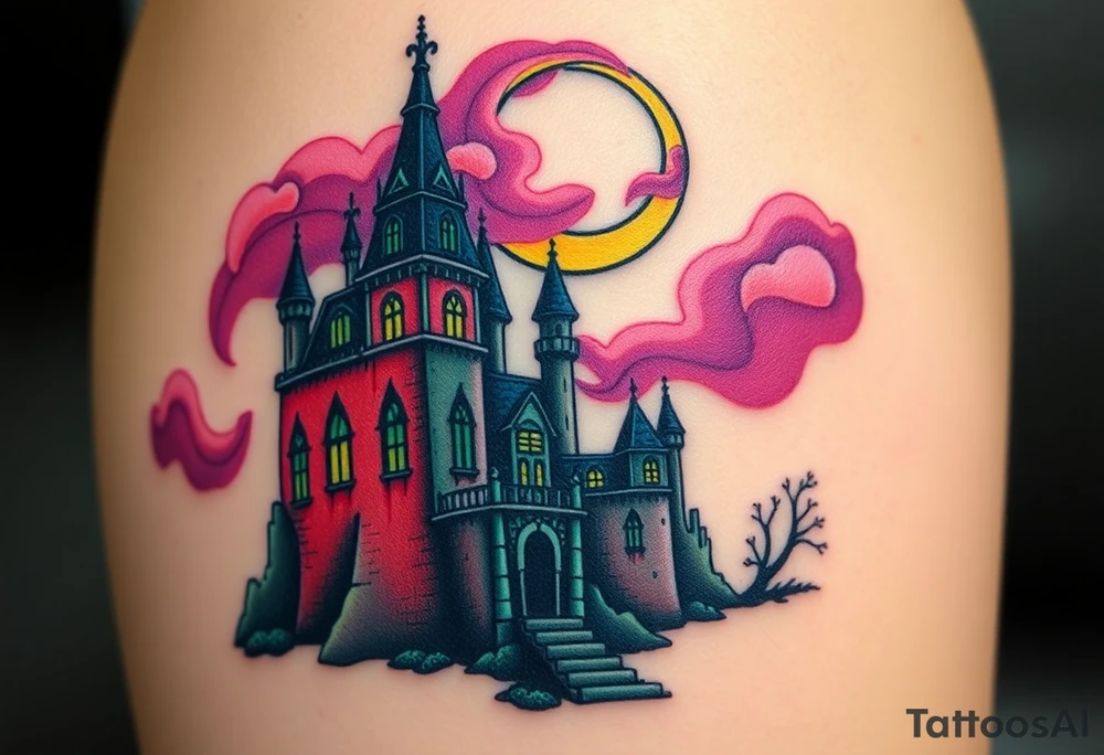 Tim Burton’s disney sleeping beauty’s haunted castle is abandoned and dripping with muted reds, dusty pinks, and eerie green glow.purple and cyan smokey clouds swirl in the crescent moonlit sky thats sprinkled with stars tattoo idea tattoo idea
