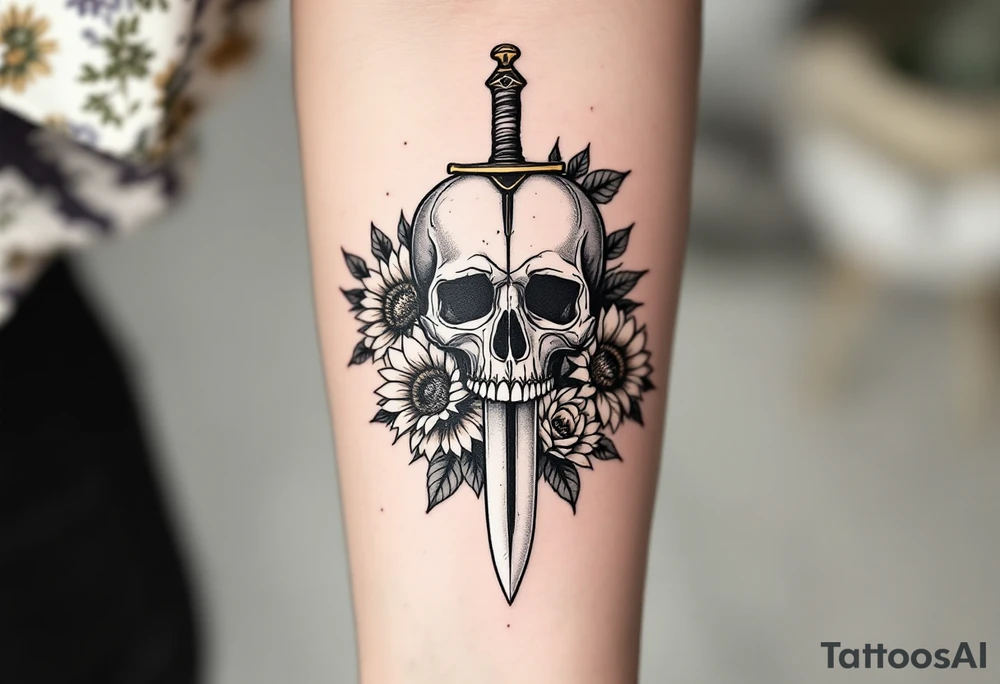 Skull, heart piercing a dagger with roses and sunflowers tattoo idea Skull, heart piercing a dagger with roses and sunflowers tattoo idea