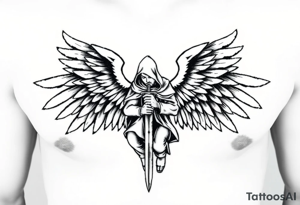 Soldier Angel with long sword  kneeling looking down cloak over head wings
 spread tattoo idea