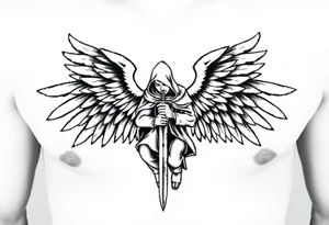 Soldier Angel with long sword  kneeling looking down cloak over head wings
 spread tattoo idea