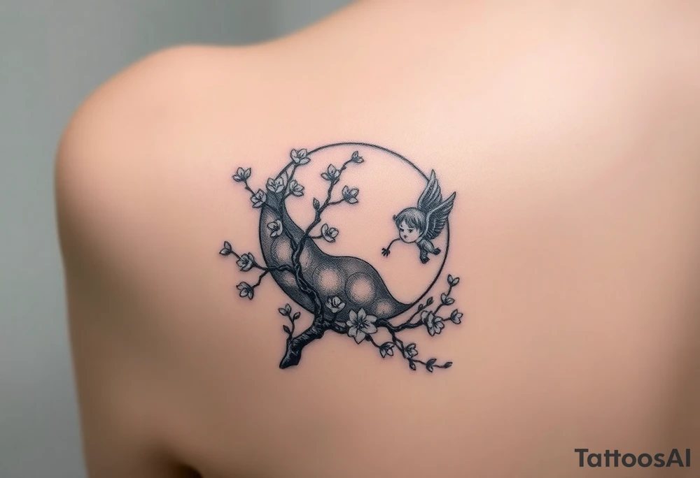 the sun or the moon being wrapped w cherry blossom tree with an angel laying on the moon or lookin at the sun holding its hand out tattoo idea