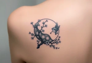 the sun or the moon being wrapped w cherry blossom tree with an angel laying on the moon or lookin at the sun holding its hand out tattoo idea