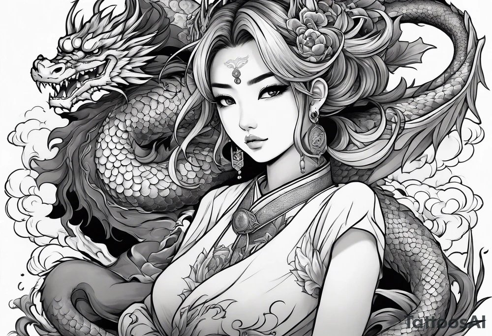 american traditional style of tattoo, an anime girl sitting on a asian dragon surrounded by cloud tattoo idea