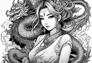 american traditional style of tattoo, an anime girl sitting on a asian dragon surrounded by cloud tattoo idea