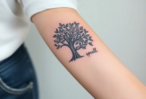 Fibonacci spiral shell inside of tree full of lots of leaves tattoo idea