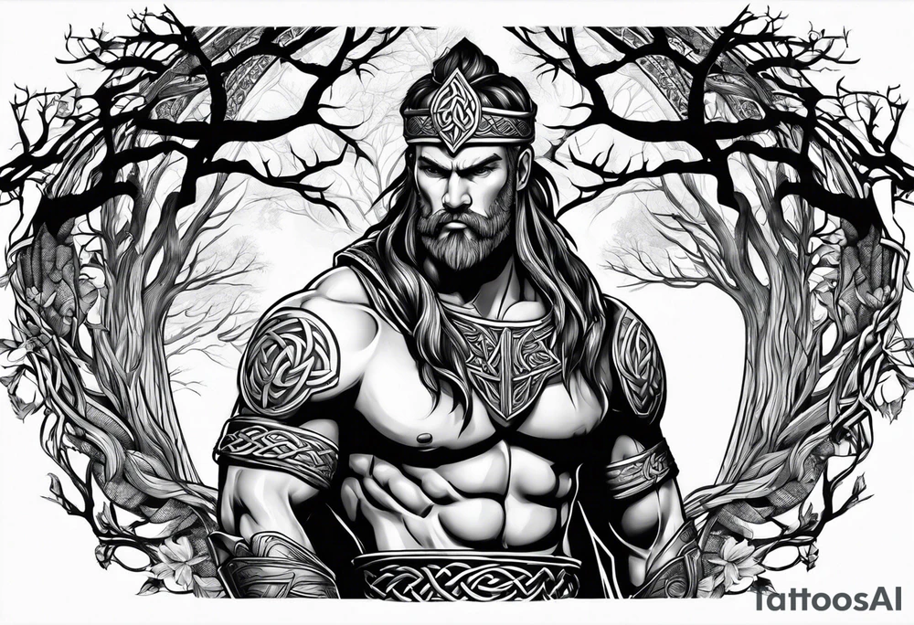 Celtic warrior facing left with trees I'm background tattoo idea