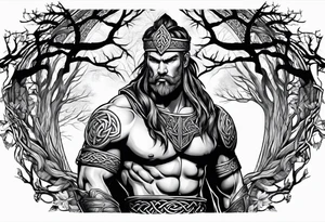 Celtic warrior facing left with trees I'm background tattoo idea