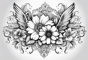 flowers swirls wings tattoo idea