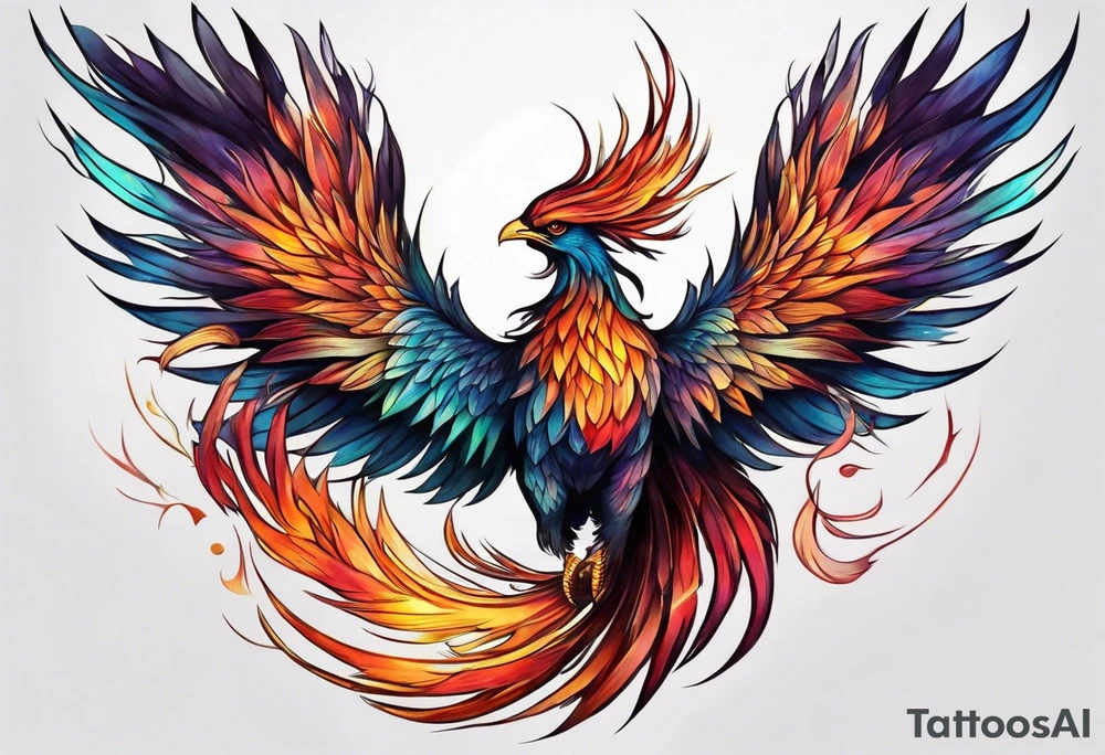 Long, skinny, rising phoenix against dark background tattoo idea