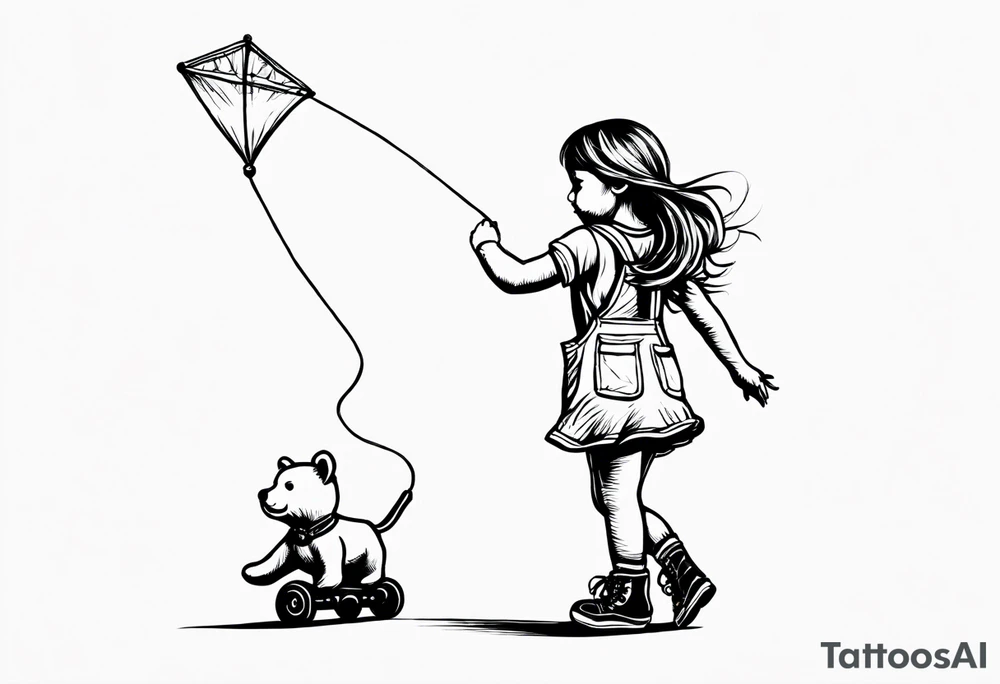a little girl flying a kite, holding the hand of a teddy bear in yellow overalls and roller skates and the words "Go Fly A Kite" spelled out in the kite strings tattoo idea