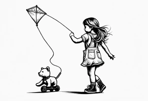 a little girl flying a kite, holding the hand of a teddy bear in yellow overalls and roller skates and the words "Go Fly A Kite" spelled out in the kite strings tattoo idea