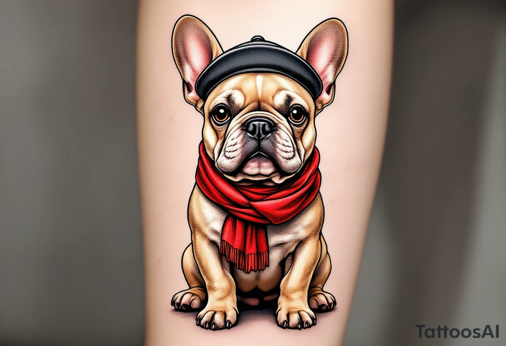 French Bulldog wearing a beret and red scarf, sitting proudly like a Parisian icon, with fawn-colored fur and a cheeky expression. tattoo idea
