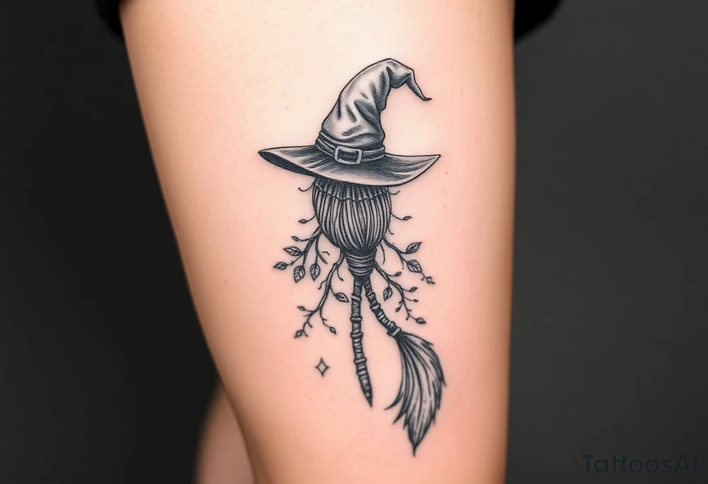 Which is broom with a witches hat with vines and feathers 
Smaller broom with hat placed on top or in the middle
Feminine and on a leg tattoo idea