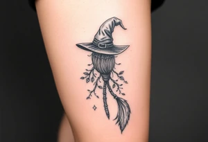 Which is broom with a witches hat with vines and feathers 
Smaller broom with hat placed on top or in the middle
Feminine and on a leg tattoo idea