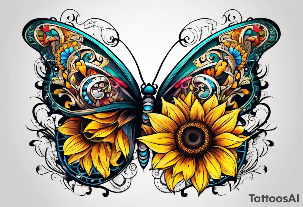 Half butterfly half sunflower tattoo idea