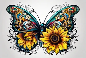 Half butterfly half sunflower tattoo idea