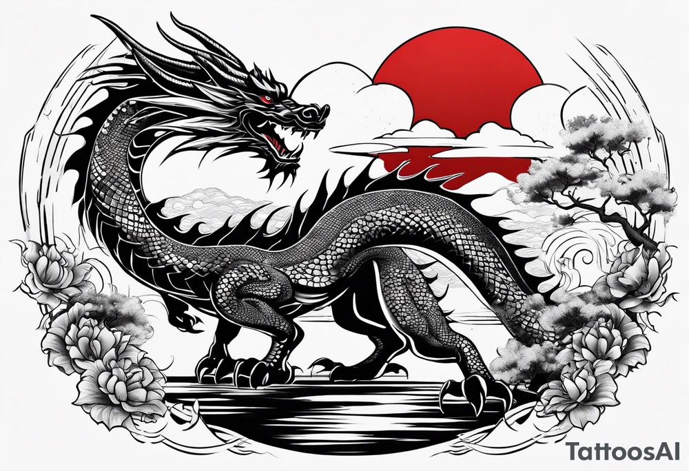 make a dragon with red sun, some japanese car and bonsai tattoo idea