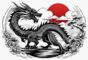 make a dragon with red sun, some japanese car and bonsai tattoo idea