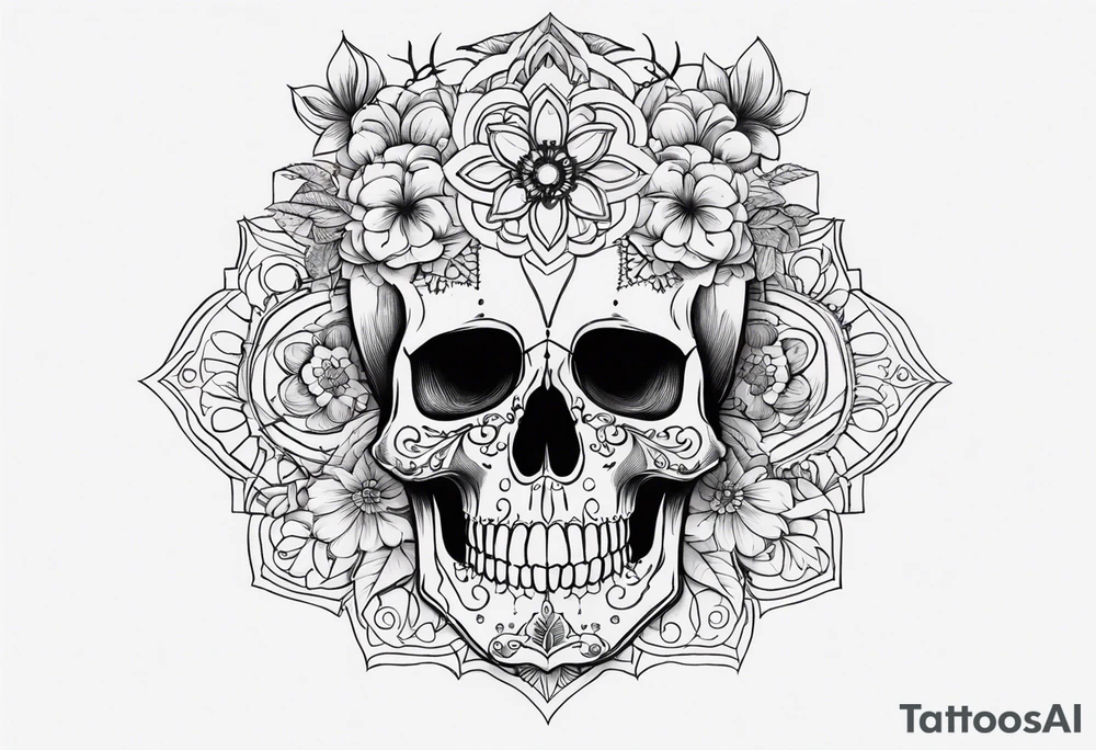 Draw me a realistic skull with black cigarette smoke out of his mouth add some flowers underneath with some mandalas at the bottom tattoo idea