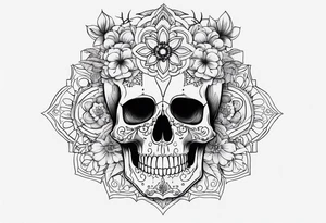 Draw me a realistic skull with black cigarette smoke out of his mouth add some flowers underneath with some mandalas at the bottom tattoo idea